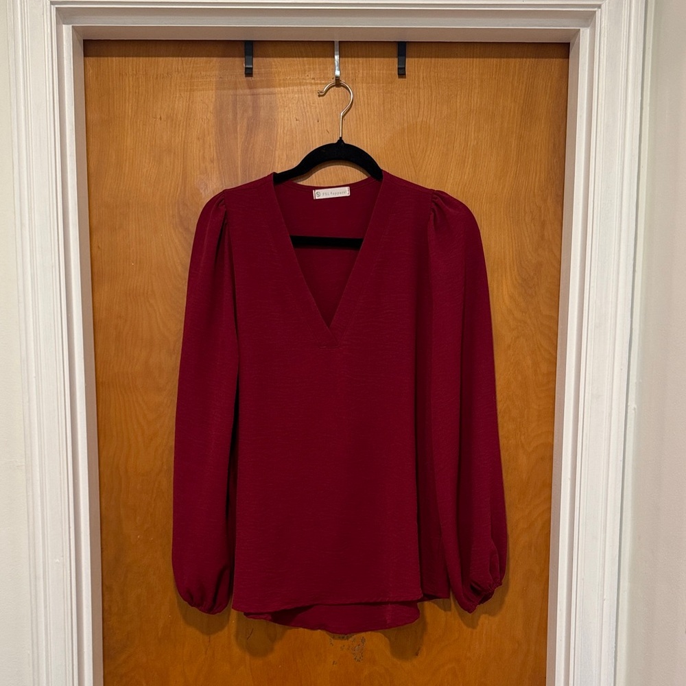 Women's V-Neck Long Sleeve Blouse in Burgundy